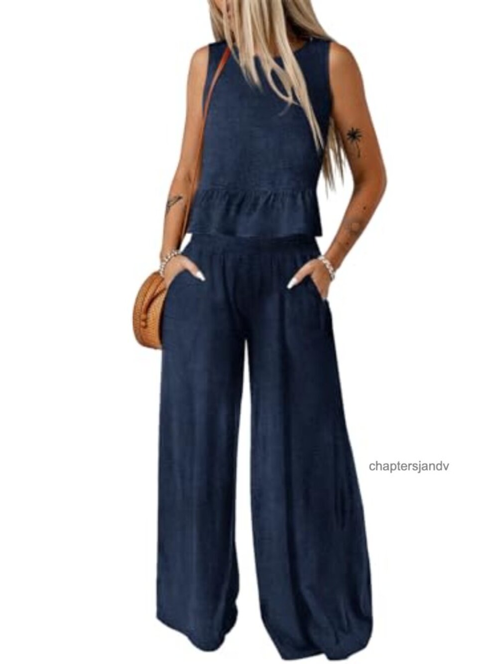2 Piece Outfit Sleeveless Tank Top Wide Leg Pants Set with Pockets
